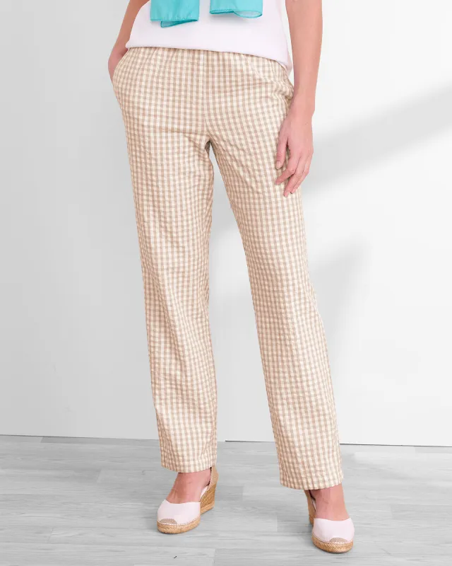 Appleseeds Women's Gingham Seersucker Pants - Tan - MPS - Petite Short sold by Buff