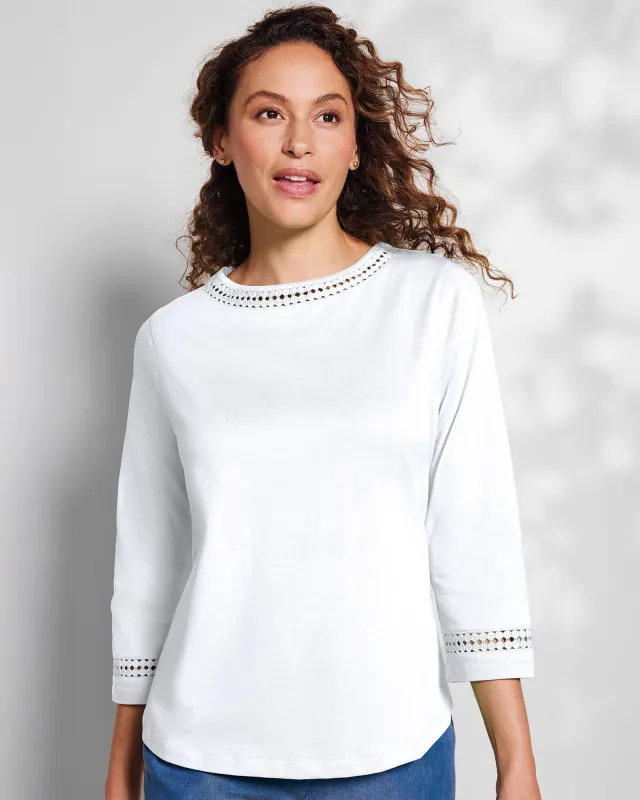 Appleseeds Women's Prima™ Cotton Hemstitch Tee - White - PM - Petite sold by Buff