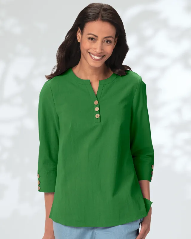 Appleseeds Women's Solid Captiva Y-Neck Popover - Green - L - Misses sold by Buff