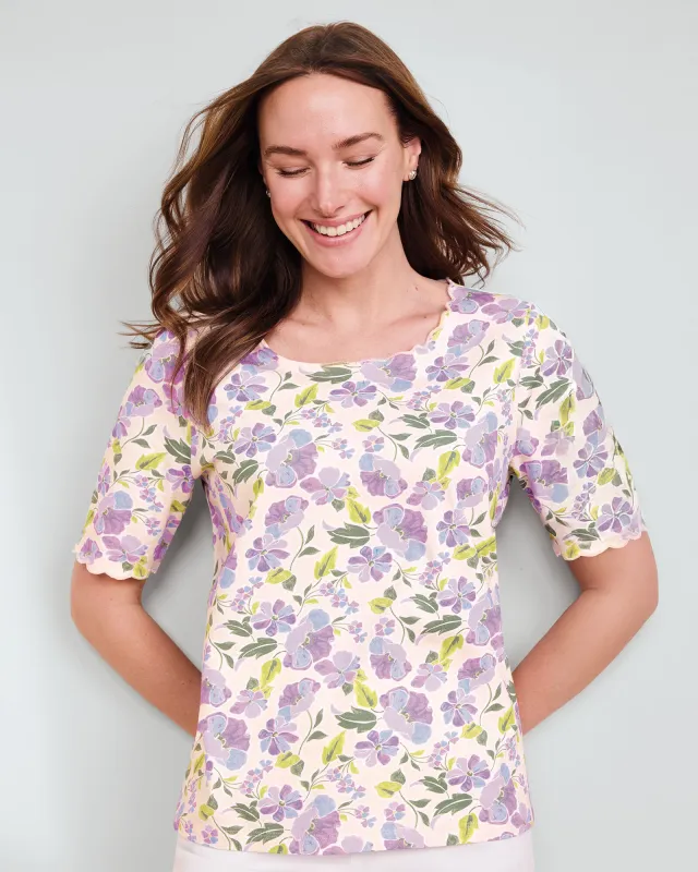 Appleseeds Women's Prima™ Cotton Poppy-Print Scalloped Tee  - Multi - PS - Petite sold by Buff