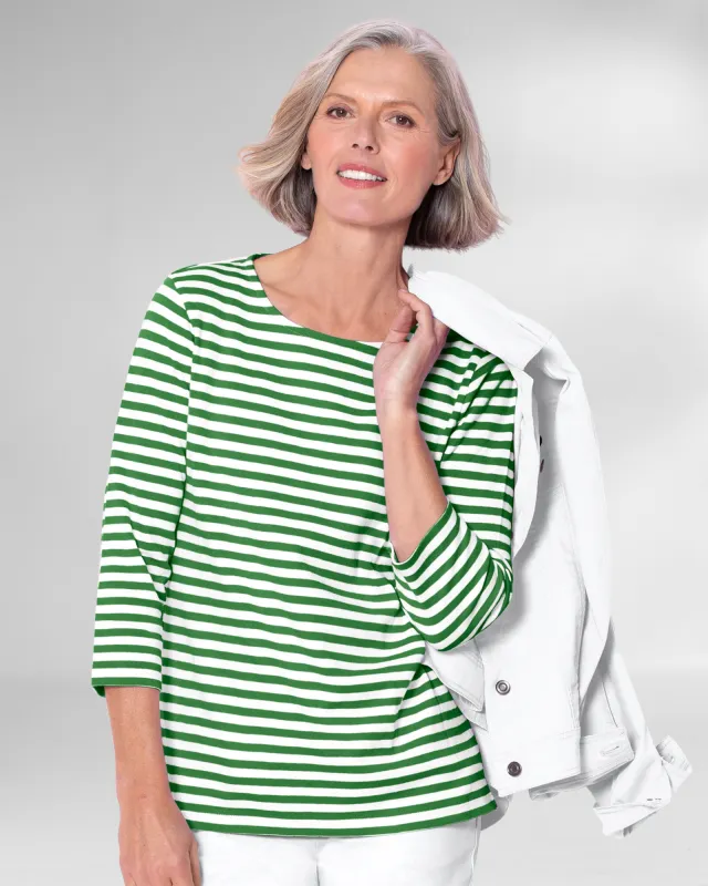 Appleseeds Women's Essential Cotton Striped Three-Quarter-Sleeve Tee - Multi - PM - Petite sold by Buff