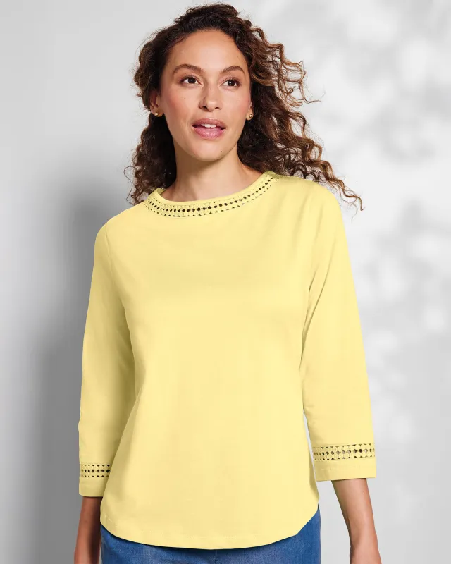Appleseeds Women's Prima™ Cotton Hemstitch Tee - Yellow - XL - Misses sold by Buff