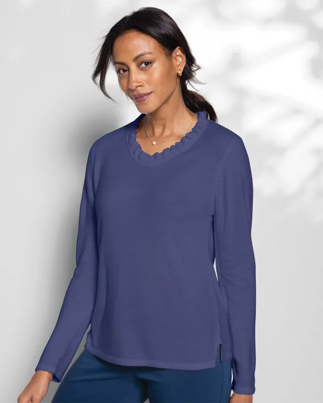 Appleseeds Women's Spindrift Ruffled V-Neck Sweater - Blue - PXL - Petite sold by Buff