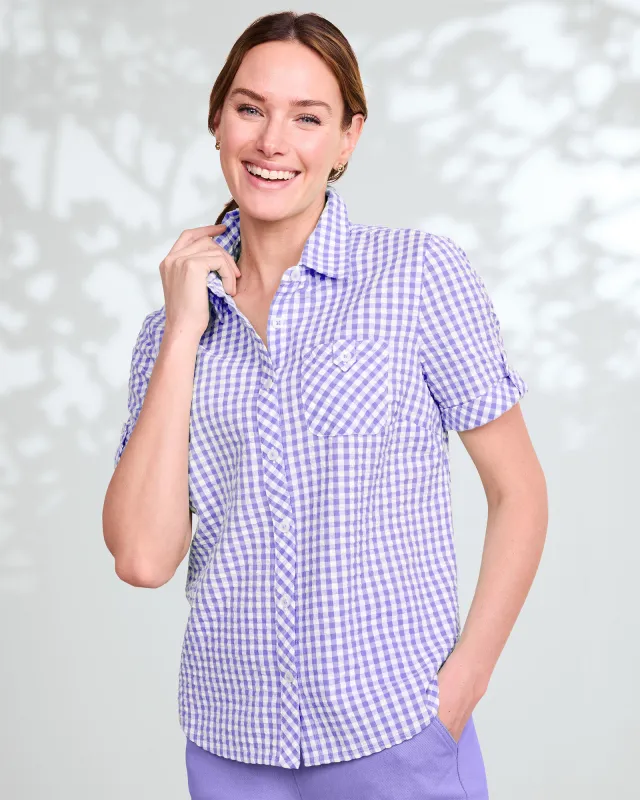 Appleseeds Women's Gingham Seersucker Camp Shirt - Purple - 2X - Womens Plus sold by Buff