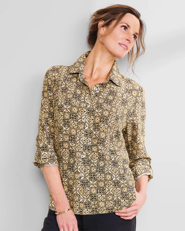 Appleseeds Women's Batik Tiles Crinkle Shirt  - Black - 1X - Womens Plus sold by Buff