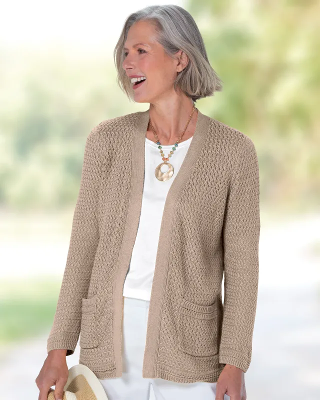 Appleseeds Women's Linen/Cotton Basketweave Cardigan - Tan - PL - Petite sold by Buff