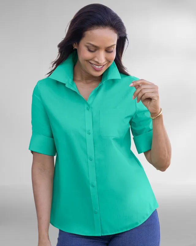 Appleseeds Women's Foxcroft® Elbow-Sleeve Camp Shirt - Blue - 16P - Petite sold by Buff