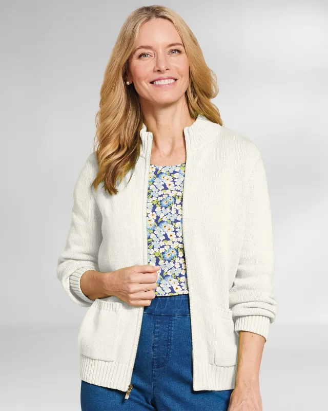 Appleseeds Women's Bayside Cotton Zip-Front Cardigan - Ivory - PL - Petite sold by Buff