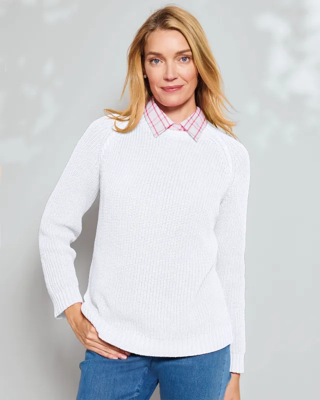 Appleseeds Women's Bayside Cotton Shaker-Stitch Pullover - White - S - Misses sold by Buff