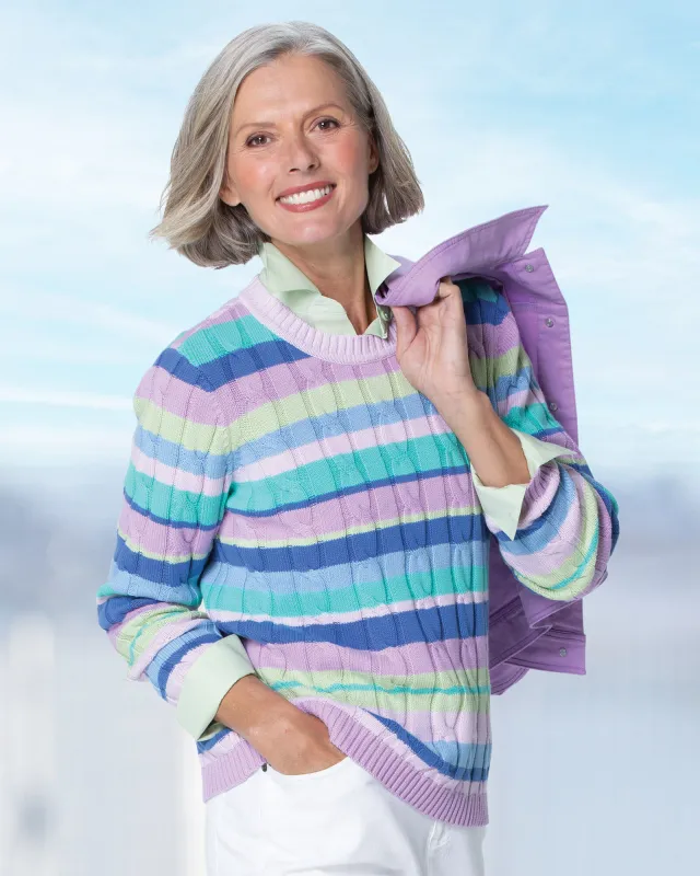 Appleseeds Women's Bayside Cotton Cable Multi-Stripe Sweater - Purple - PL - Petite sold by Buff
