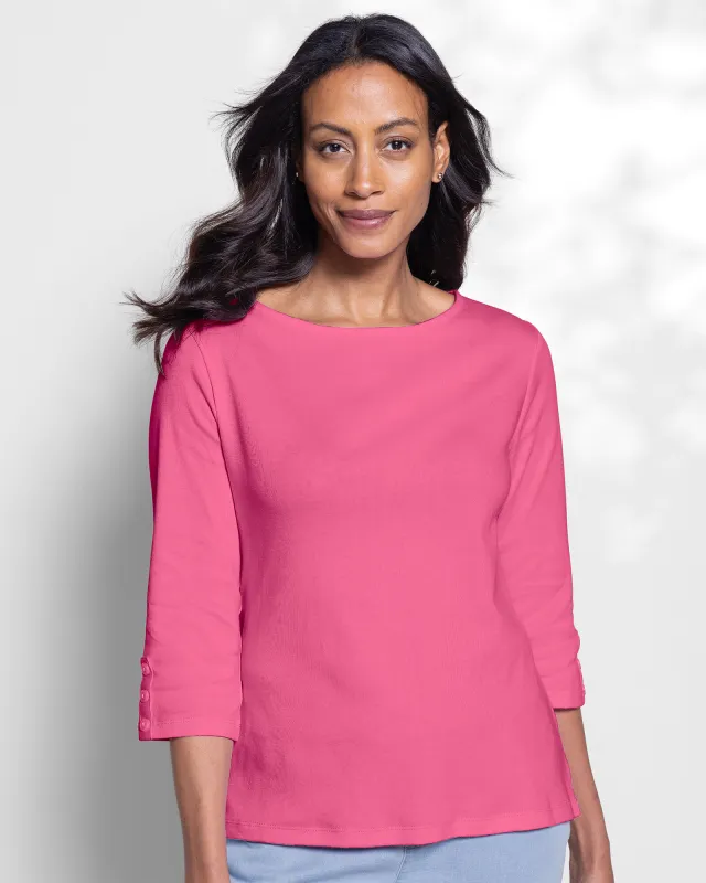 Appleseeds Women's Coastal Cotton Three-Quarter-Sleeve Solid Bateau-Neck Tee - Pink - 1X - Womens Plus sold by Buff