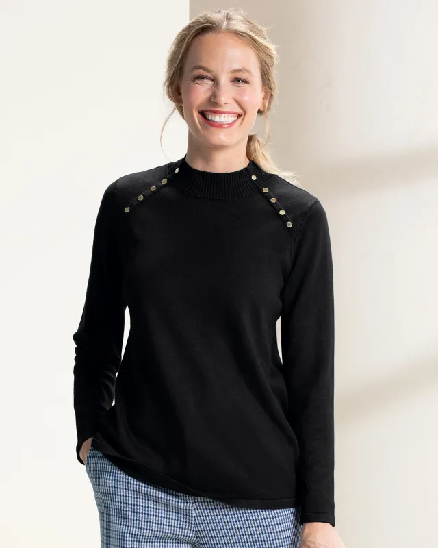 Appleseeds Women's Madison Button-Trim Mockneck - Black - 1X - Womens Plus sold by Buff