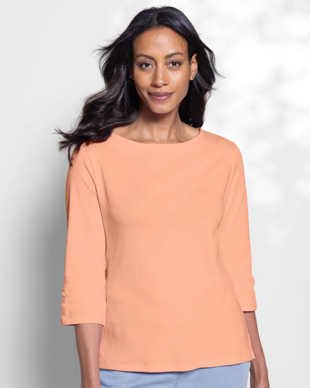 Appleseeds Women's Coastal Cotton Three-Quarter-Sleeve Solid Bateau-Neck Tee - Orange - XL - Misses sold by Buff