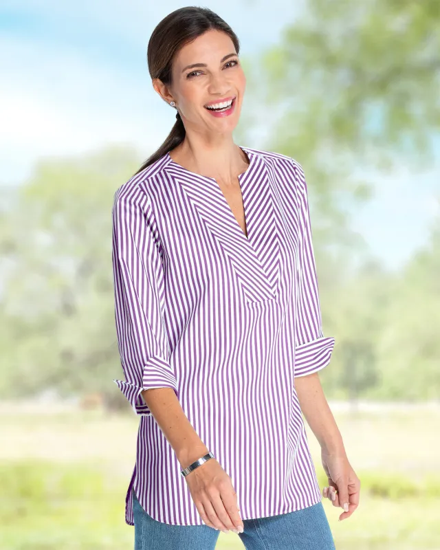 Appleseeds Women's Foxcroft Striped Non-Iron Tunic - Purple - 16P - Petite sold by Buff