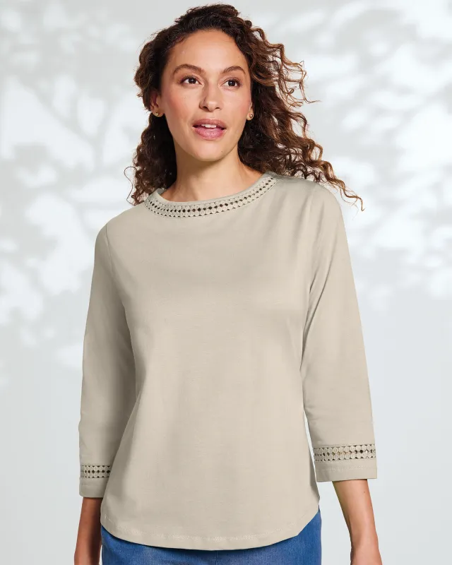 Appleseeds Women's Prima™ Cotton Hemstitch Tee - Tan - L - Misses sold by Buff