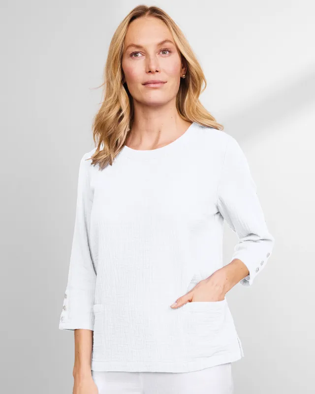 Appleseeds Women's Nantucket Textured-Cotton Patch-Pocket Popover - White - XL - Misses sold by Buff