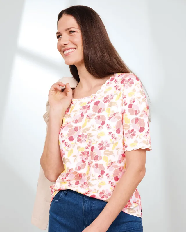 Appleseeds Women's Prima™ Cotton Poppy-Print Scalloped Tee  - Multi - S - Misses sold by Buff