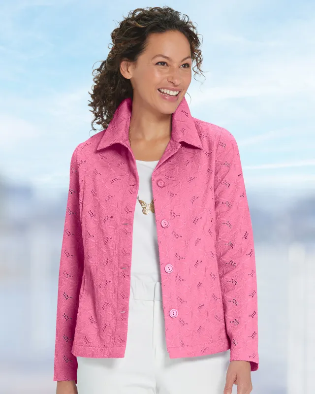 Appleseeds Women's Floral Eyelet Jacket - Pink - L - Misses sold by Buff