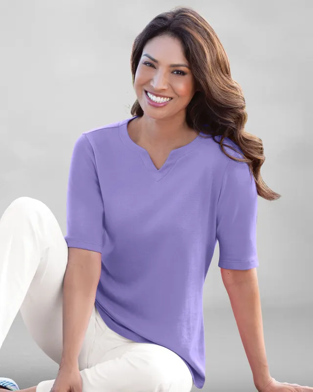 Appleseeds Women's Coastal Cotton Elbow-Sleeve Notch-Neck - Purple - PS - Petite sold by Buff