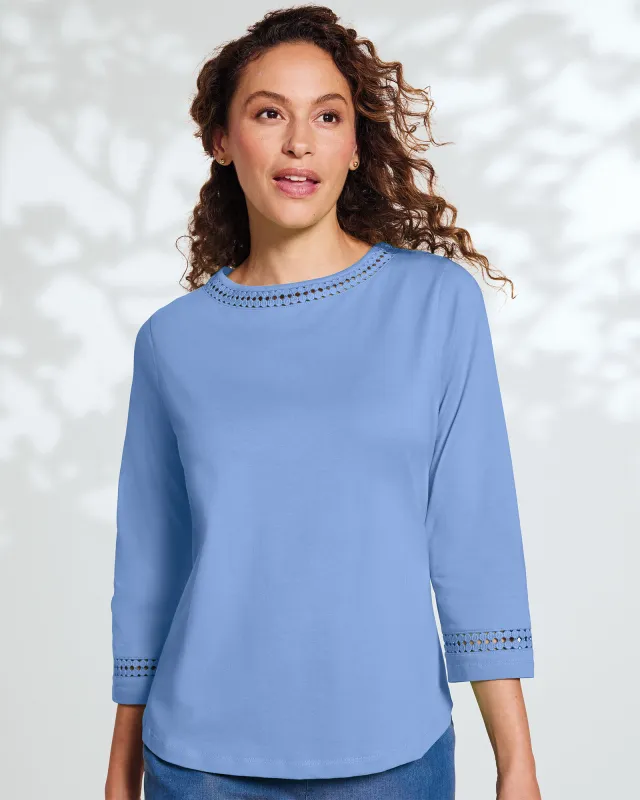Appleseeds Women's Prima™ Cotton Hemstitch Tee - Blue - PM - Petite sold by Buff