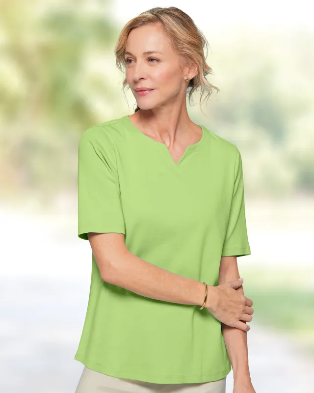 Appleseeds Women's Coastal Cotton Elbow-Sleeve Notch-Neck - Green - L - Misses sold by Buff