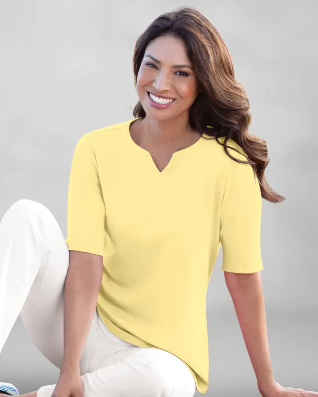 Appleseeds Women's Coastal Cotton Elbow-Sleeve Notch-Neck - Yellow - PL - Petite sold by Buff