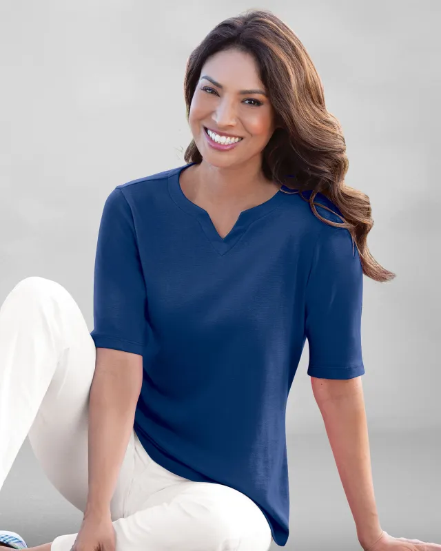 Appleseeds Women's Coastal Cotton Elbow-Sleeve Notch-Neck - Blue - PL - Petite sold by Buff