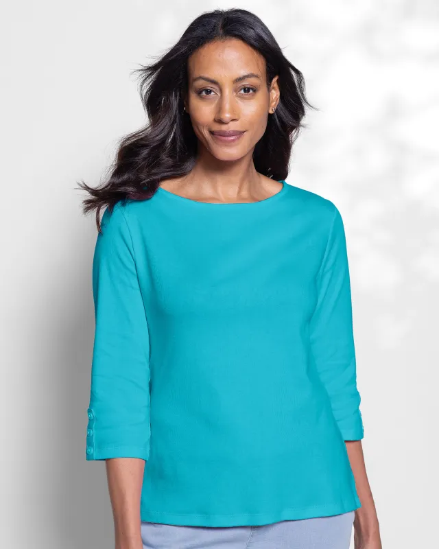 Appleseeds Women's Coastal Cotton Three-Quarter-Sleeve Solid Bateau-Neck Tee - Green - PL - Petite sold by Buff