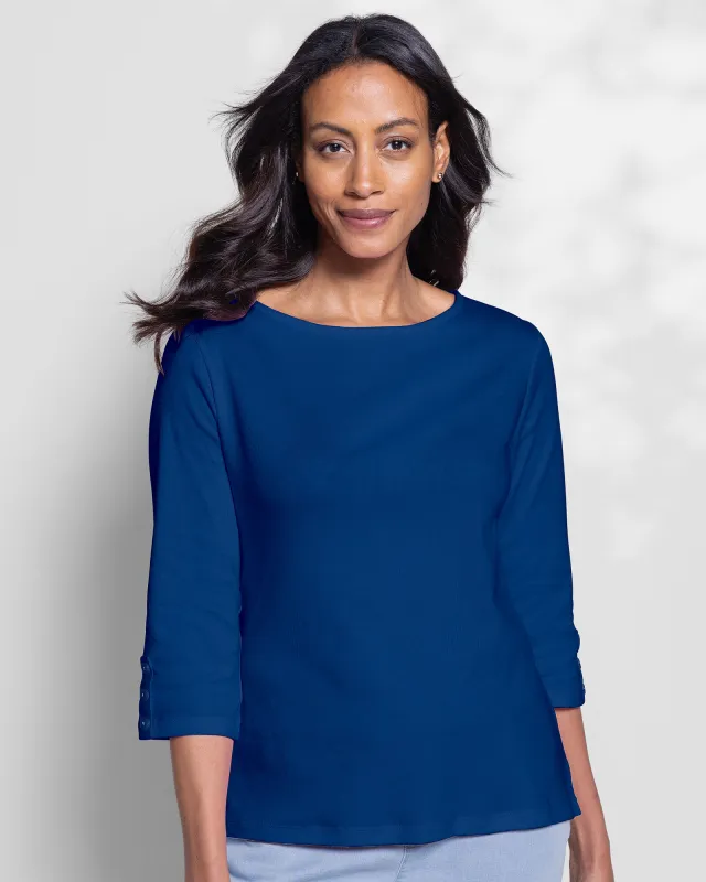 Appleseeds Women's Coastal Cotton Three-Quarter-Sleeve Solid Bateau-Neck Tee - Blue - 1X - Womens Plus sold by Buff