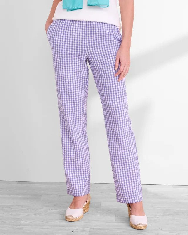 Appleseeds Women's Gingham Seersucker Pants - Purple - XLPS - Petite Short sold by Buff