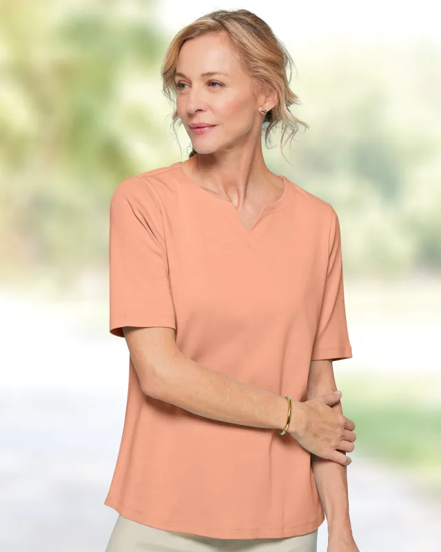 Appleseeds Women's Coastal Cotton Elbow-Sleeve Notch-Neck - Orange - 3X - Womens Plus sold by Buff
