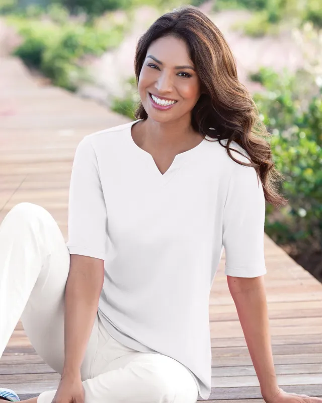 Appleseeds Women's Coastal Cotton Elbow-Sleeve Notch-Neck - White - 3X - Womens Plus sold by Buff