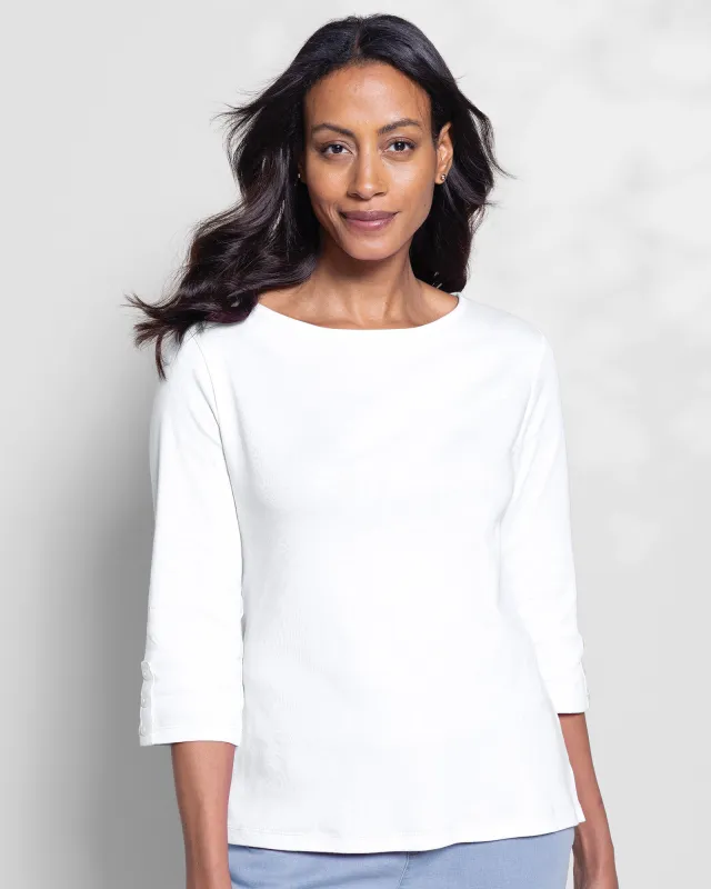 Appleseeds Women's Coastal Cotton Three-Quarter-Sleeve Solid Bateau-Neck Tee - White - L - Misses sold by Buff