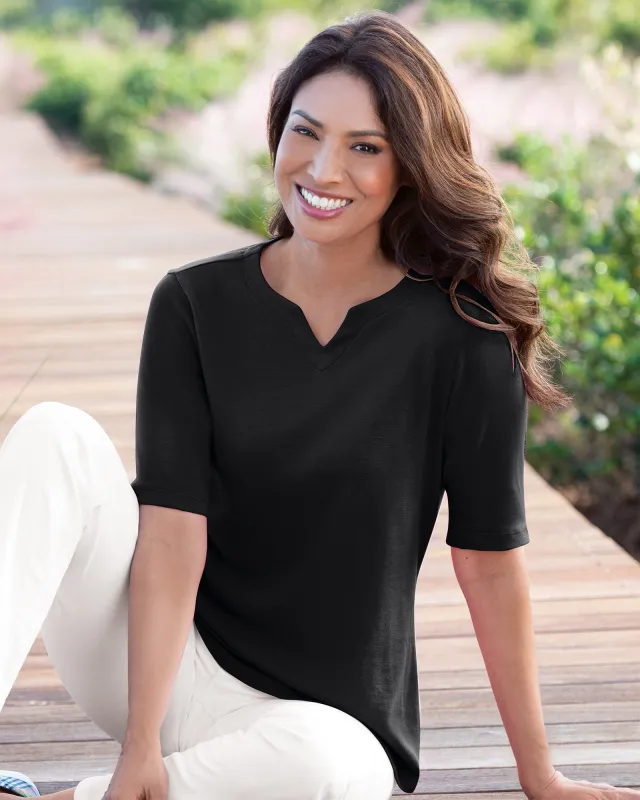 Appleseeds Women's Coastal Cotton Elbow-Sleeve Notch-Neck - Black - L - Misses sold by Buff