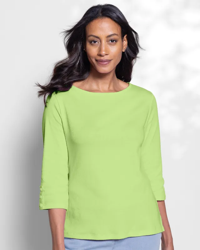 Appleseeds Women's Coastal Cotton Three-Quarter-Sleeve Solid Bateau-Neck Tee - Green - PM - Petite sold by Buff
