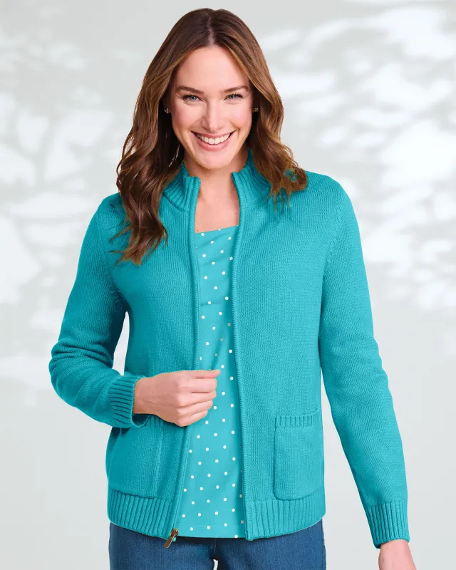 Appleseeds Women's Bayside Cotton Zip-Front Cardigan - Blue - PL - Petite sold by Buff