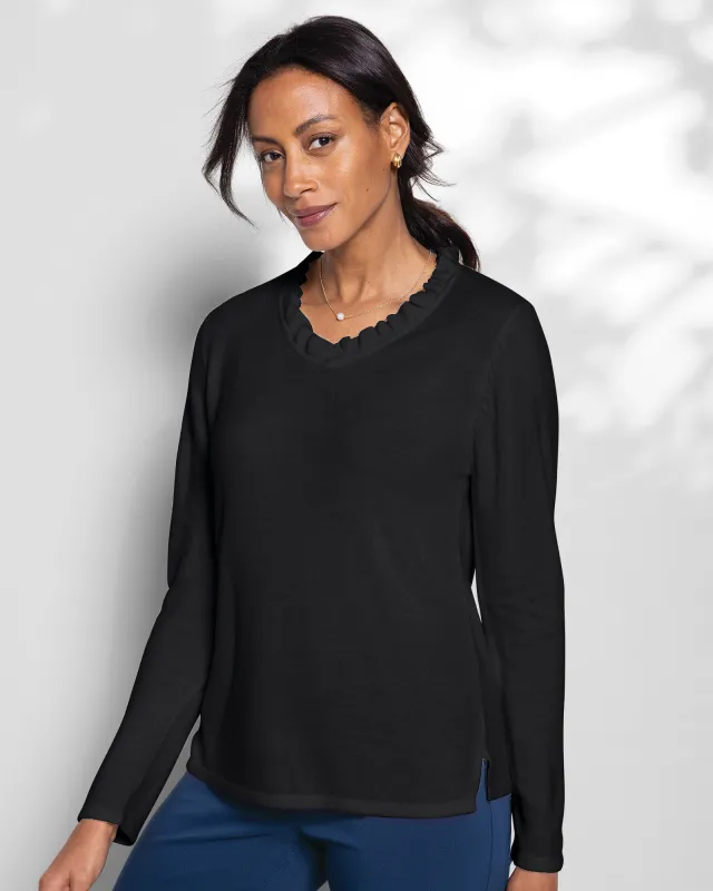 Appleseeds Women's Spindrift Ruffled V-Neck Sweater - Black - PXL - Petite sold by Buff