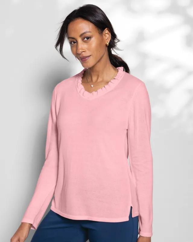 Appleseeds Women's Spindrift Ruffled V-Neck Sweater - Pink - S - Misses sold by Buff