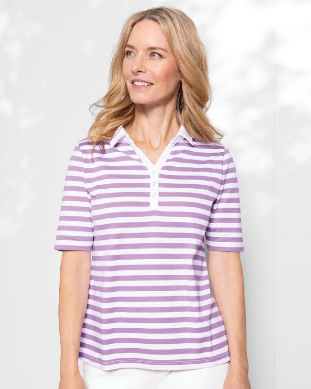 Appleseeds Women's Essential Cotton Stripe Elbow-Sleeve Polo - Multi - XL - Misses sold by Buff