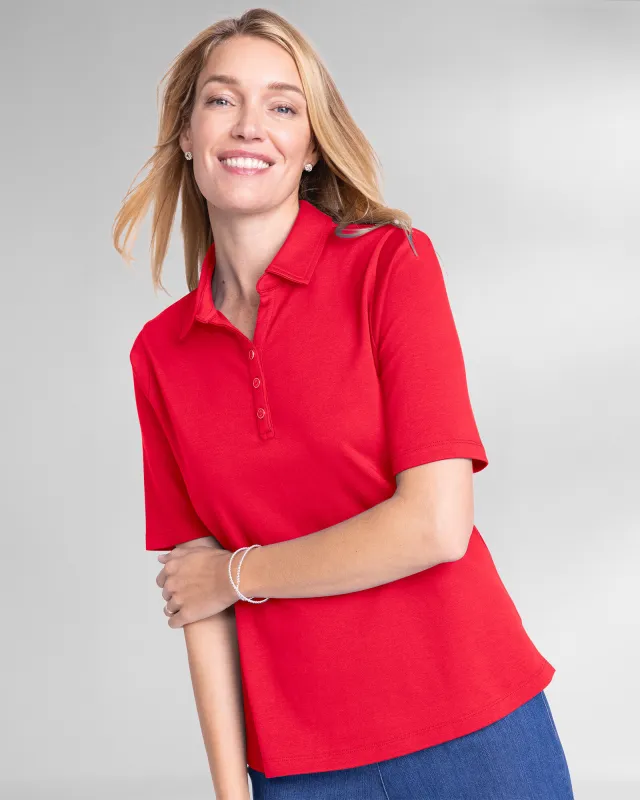 Appleseeds Women's Essential Cotton Solid Elbow-Sleeve Polo - Red - XL - Misses sold by Buff