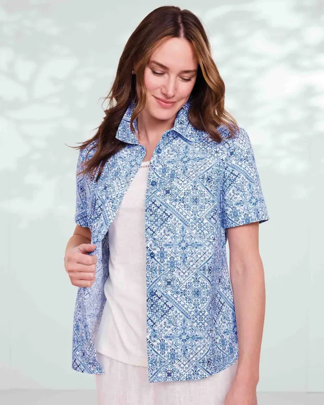 Appleseeds Women's Seaside Tile-Print Camp Shirt  - Blue - PXL - Petite sold by Buff