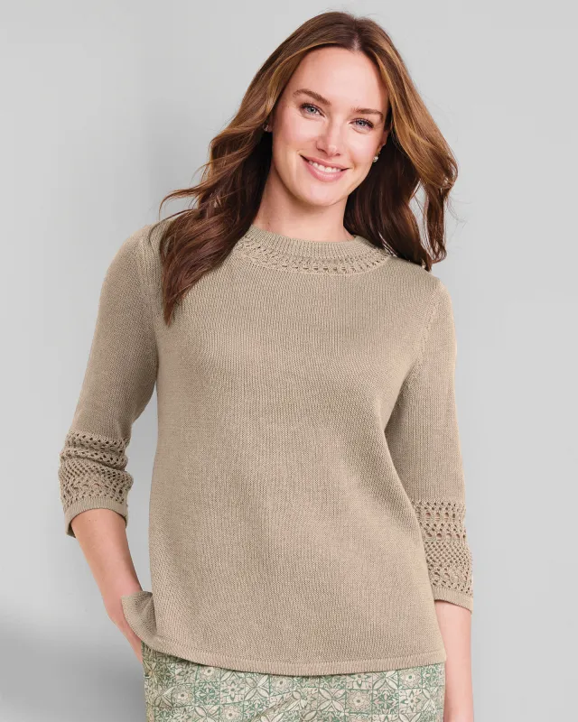 Appleseeds Women's Linen/Cotton Crochet-Trim Pullover  - Tan - PXL - Petite sold by Buff
