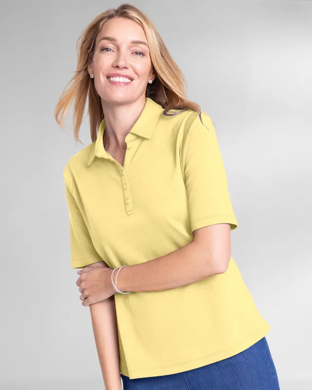 Appleseeds Women's Essential Cotton Solid Elbow-Sleeve Polo - Yellow - XL - Misses sold by Buff