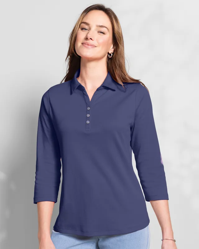 Appleseeds Women's Essential Cotton Solid Three-Quarter-Sleeve Polo - Blue - M - Misses sold by Buff