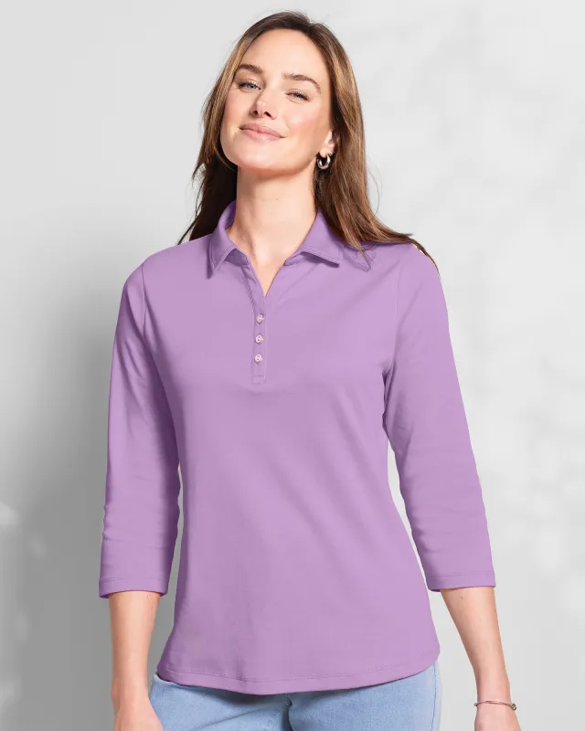 Appleseeds Women's Essential Cotton Solid Three-Quarter-Sleeve Polo - Purple - 3X - Womens Plus sold by Buff