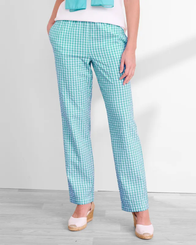 Appleseeds Women's Gingham Seersucker Pants - Blue - XLPS - Petite Short sold by Buff