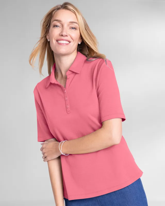 Appleseeds Women's Essential Cotton Solid Elbow-Sleeve Polo - Pink - PM - Petite sold by Buff