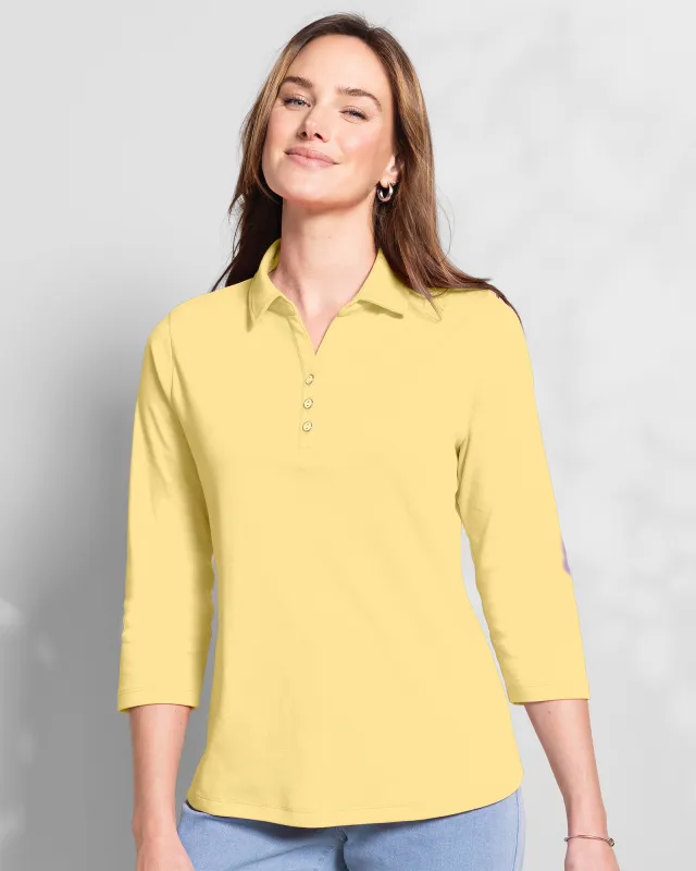 Appleseeds Women's Essential Cotton Solid Three-Quarter-Sleeve Polo - Yellow - PS - Petite sold by Buff