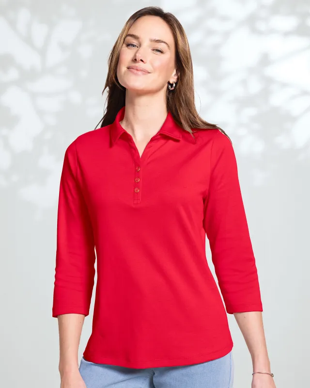 Appleseeds Women's Essential Cotton Solid Three-Quarter-Sleeve Polo - Red - XL - Misses sold by Buff