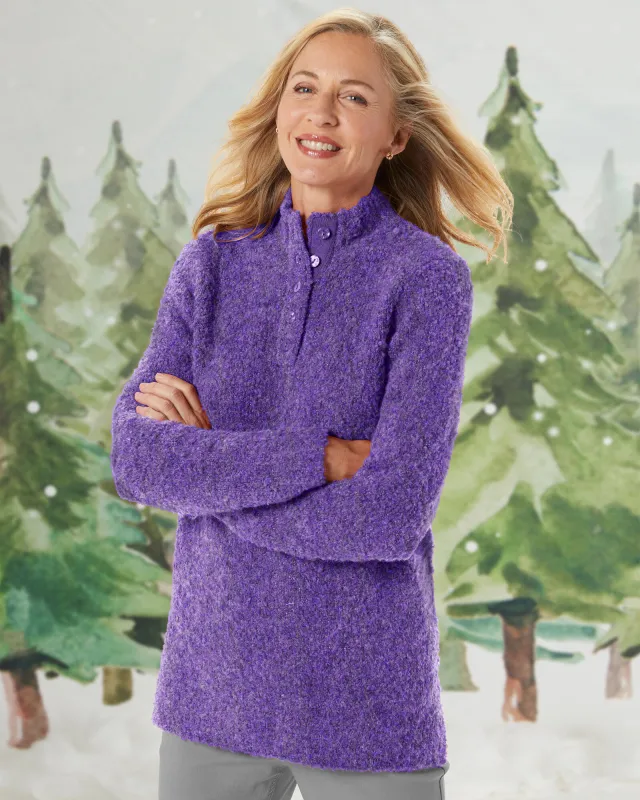 Appleseeds Women's Luxe Bouclè Mockneck Henley - Purple - PM - Petite sold by Buff